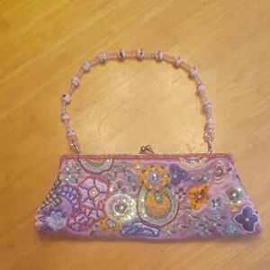 Vintage Y2K Embroidered Floral Beaded Handle Clutch